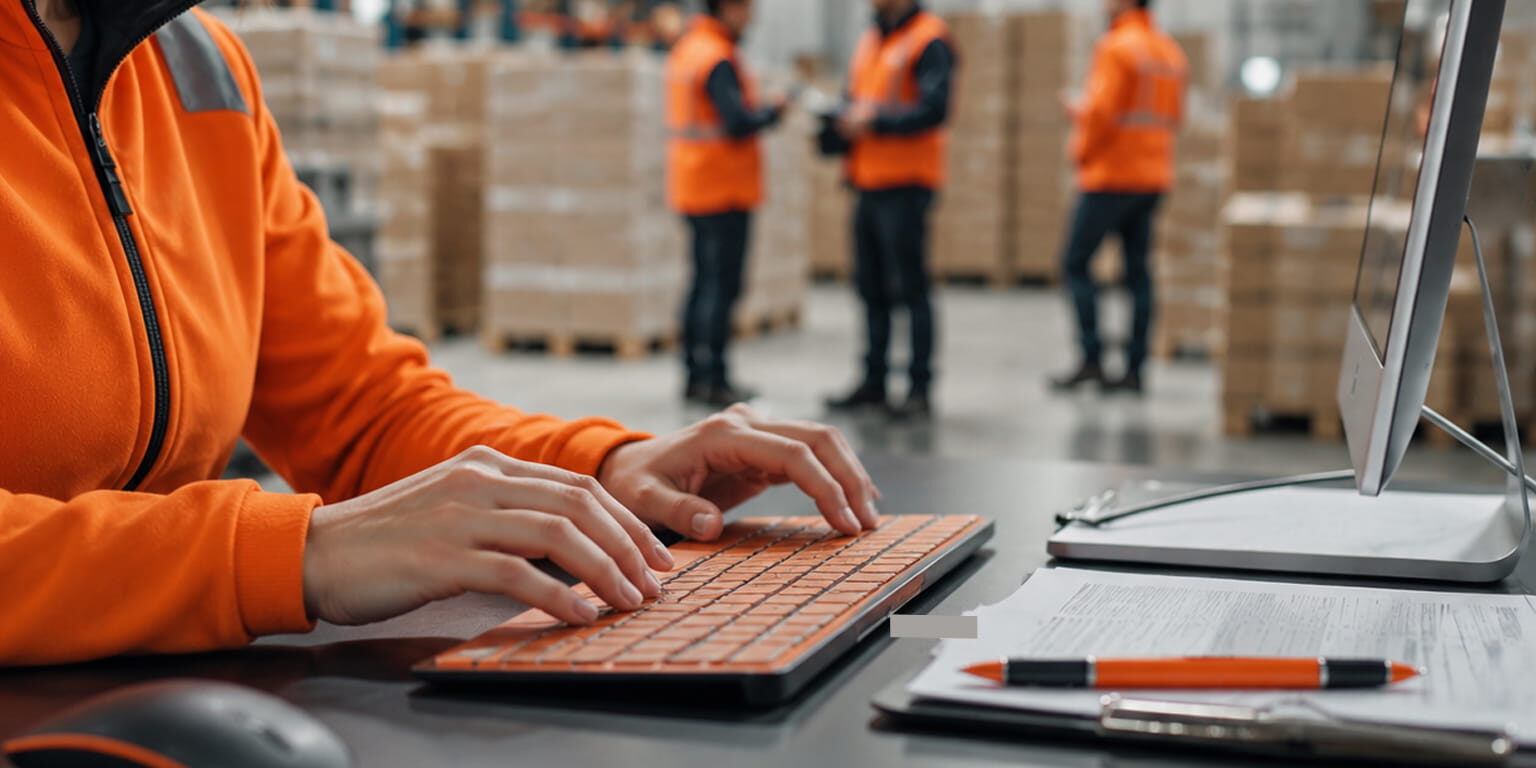 Mitarbeiterin in Warnkleidung am Computer bei der Disposition und Planung von Transporten im Mex-Logistics Lager