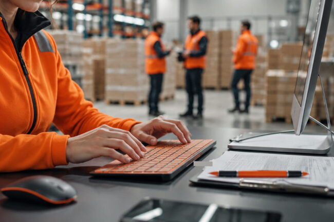 Mitarbeiterin in Warnkleidung am Computer bei der Disposition und Planung von Transporten im Mex-Logistics Lager
