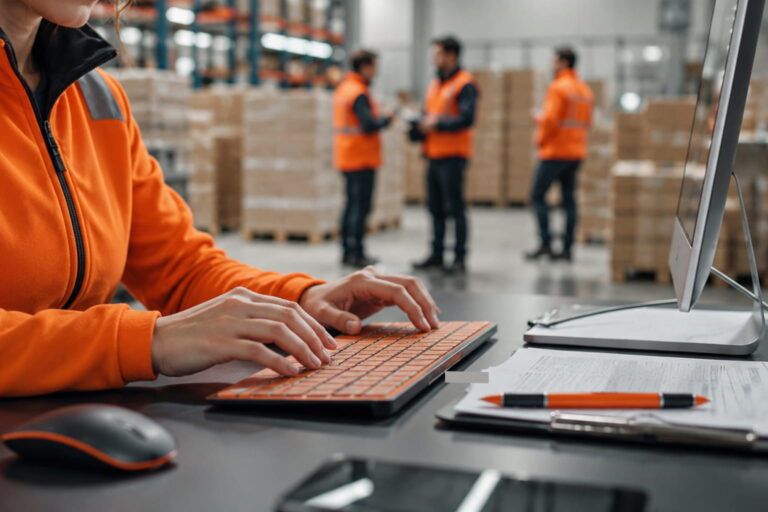Mitarbeiterin in Warnkleidung am Computer bei der Disposition und Planung von Transporten im Mex-Logistics Lager