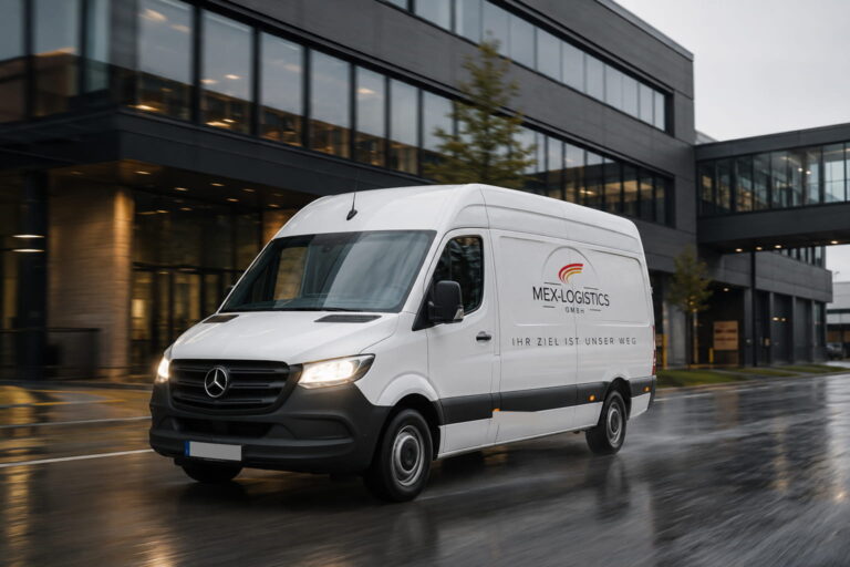 Mex-Logistics Mercedes-Benz Sprinter Transporter auf der Straße vor einem modernen Bürogebäude in Löhne