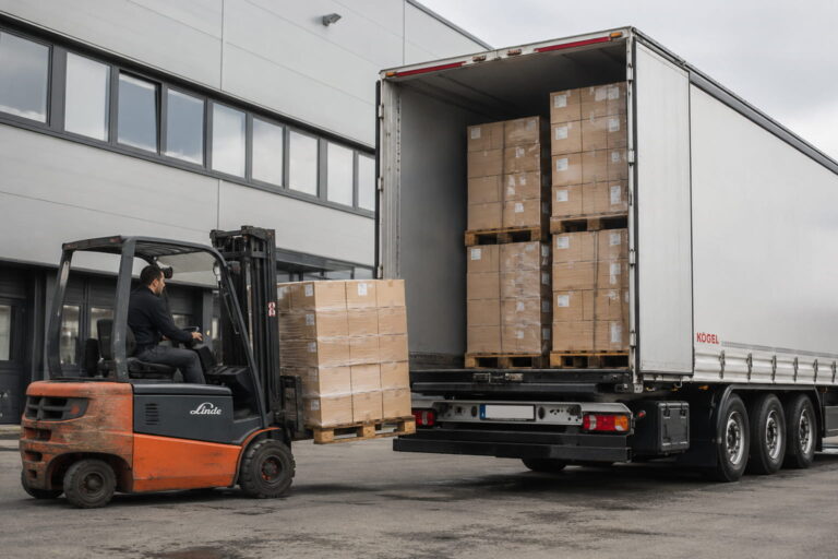 Gabelstapler belädt LKW mit Paletten für Komplettladungen (FTL) und Teilladungen bei Mex-Logistics in Löhne