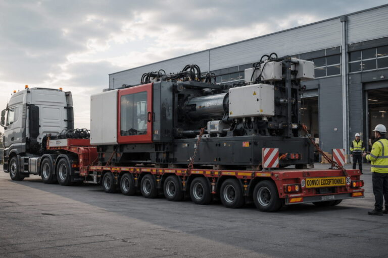 Schwerlasttransport einer Industriemaschine auf einem Tieflader durch Mex-Logistics in Löhne