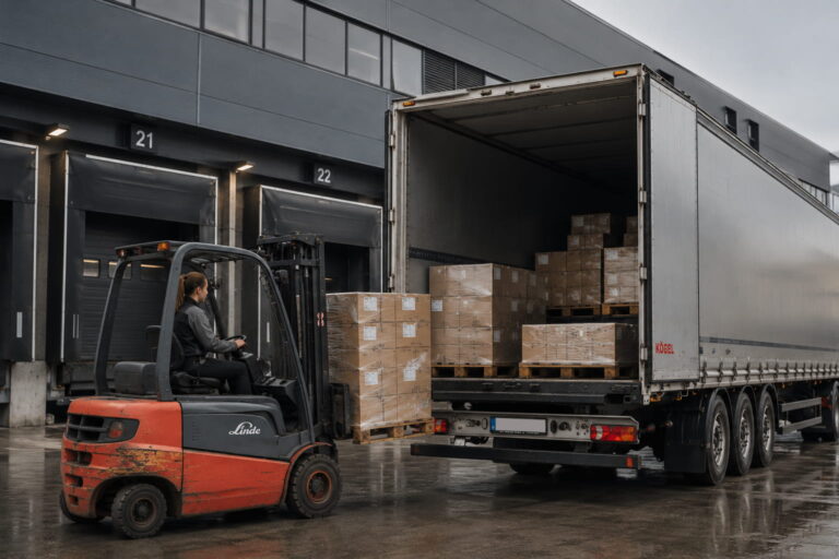 Mitarbeiterin belädt LKW mit Gabelstapler an einer Laderampe für Teilladungen (LTL) bei Mex-Logistics