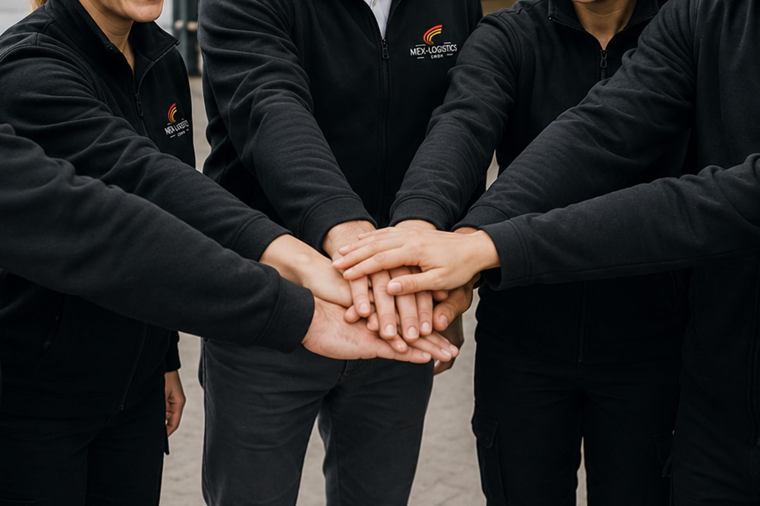 Team der Mex-Logistics GmbH legt Hände zusammen als Symbol für Zusammenhalt und Service in Löhne